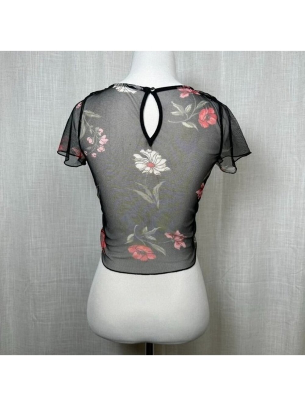 Sheer Mesh Floral Crop Top XS Black Red Cinch Tie Front Ruched Festival‎ Fairy - Picture 2 of 9